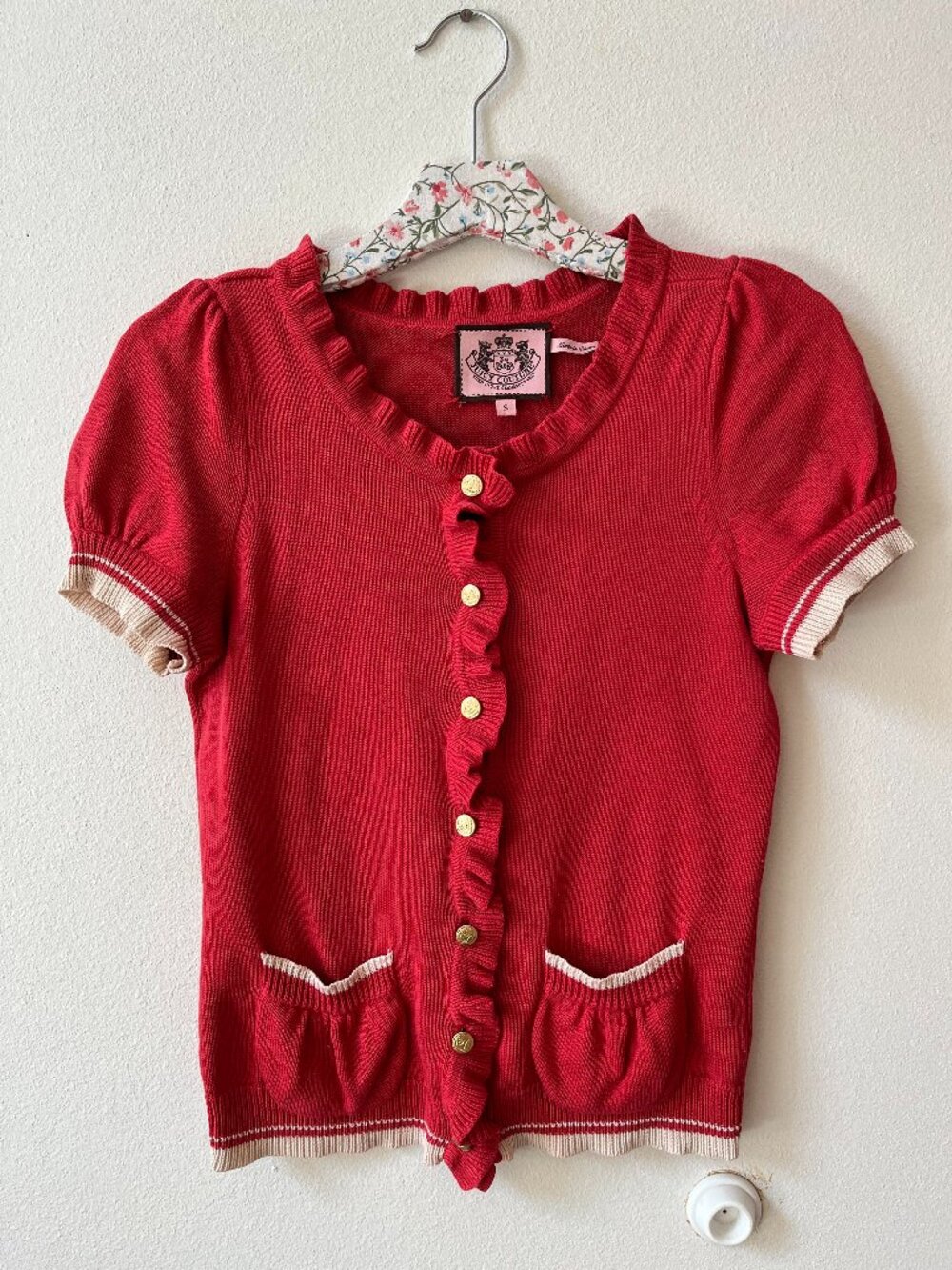 Juicy Couture Silk Blend Red Cardigan Short Sleeve Sweater Ruffle Edge Top Small